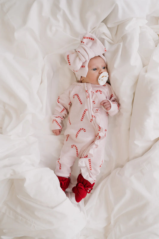 PRE-ORDER Frill Zip Romper | Pink Candy Cane Waffle