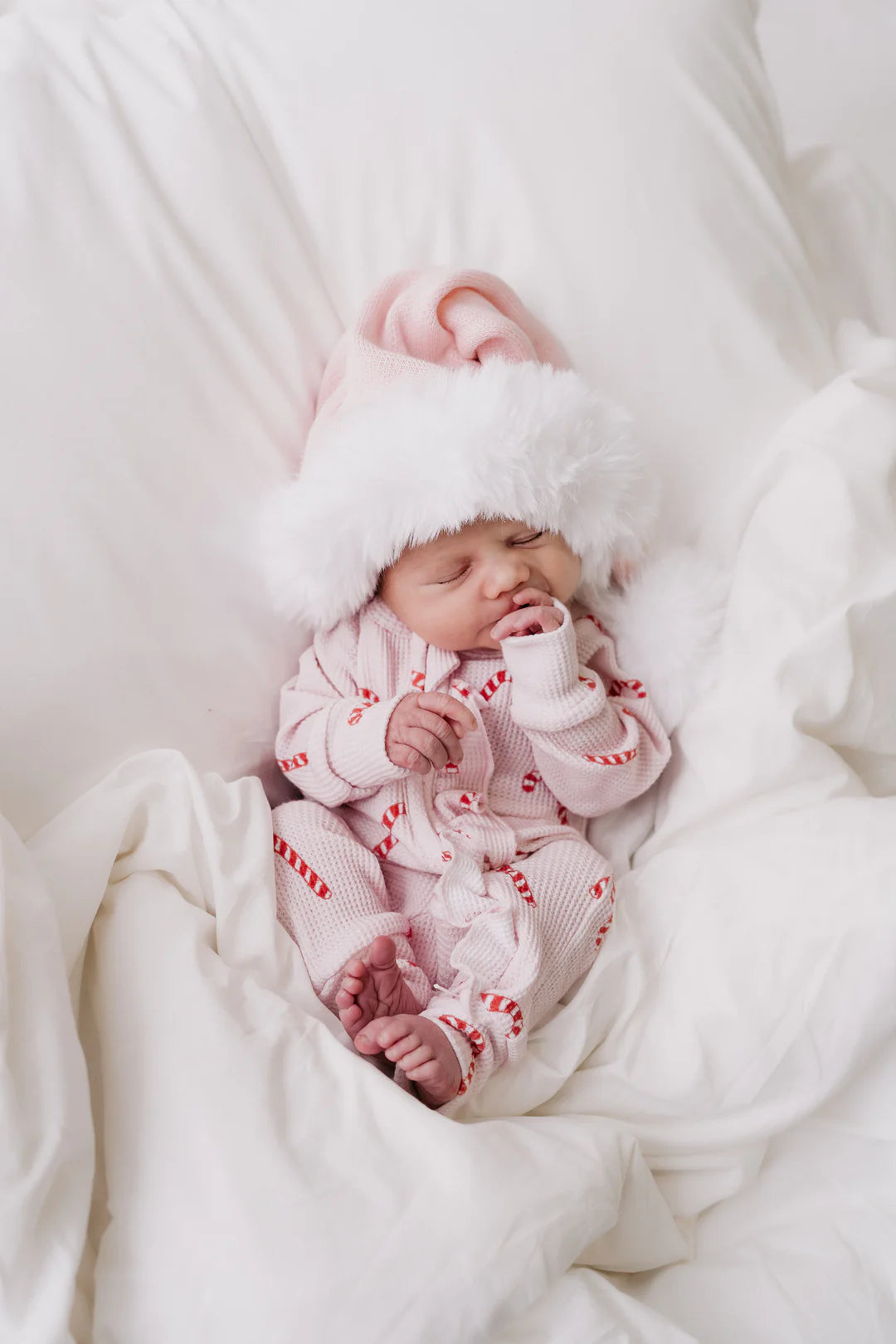 PRE-ORDER Frill Zip Romper | Pink Candy Cane Waffle