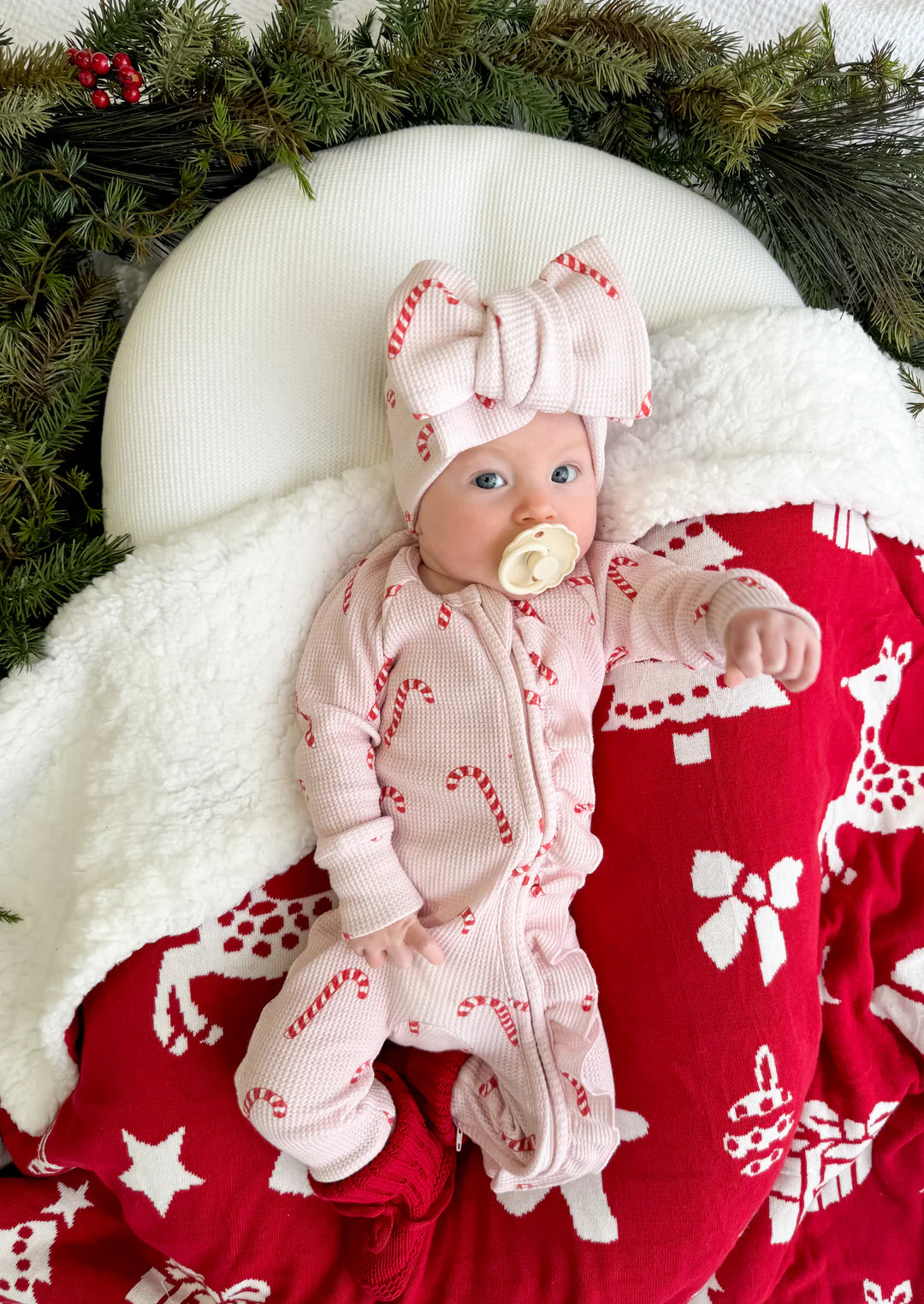 PRE-ORDER Frill Zip Romper | Pink Candy Cane Waffle